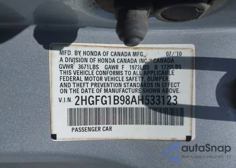 2010 Honda Civic Ex-L из США, поврежденный, VIN 2HGFG1B98AH533123